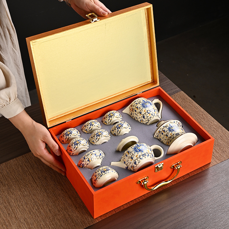 Set de ceai în stil chinezesc, cultural și creativ, set complet ceramic Ru kiln bej ceainic Gongfu, cadou de afaceri