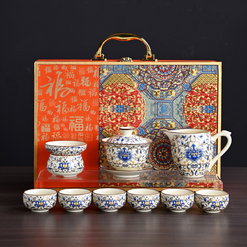 Set de ceai în stil chinezesc, cultural și creativ, set complet ceramic Ru kiln bej ceainic Gongfu, cadou de afaceri
