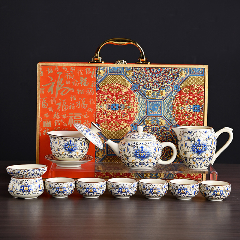 Set de ceai în stil chinezesc, cultural și creativ, set complet ceramic Ru kiln bej ceainic Gongfu, cadou de afaceri