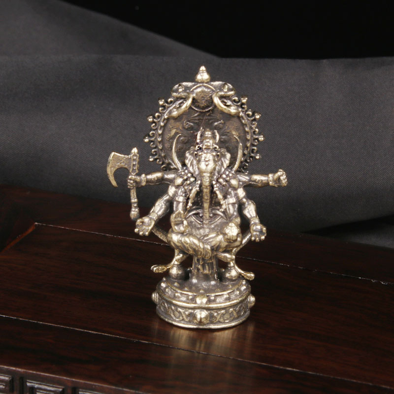 Ganesha cu șase brațe din alamă, ornament de birou, figură din cupru, piesă de colecție cu inspirație antic