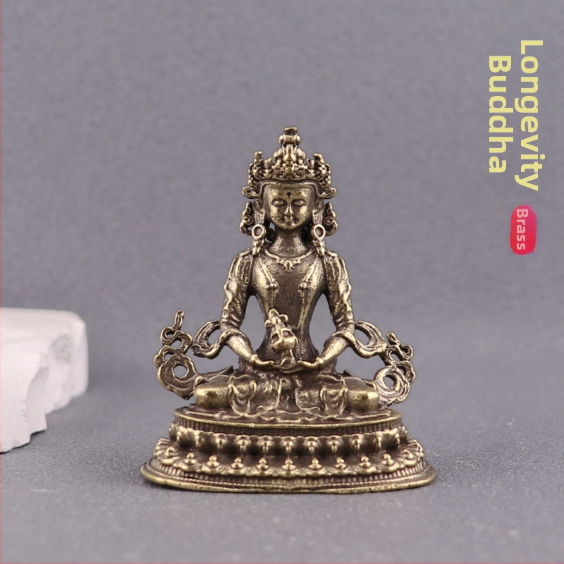 Mosadzná stolová socha Budhu dlhovekosti, tibetský bódhisattva, vintage náboženská remeselná ozdoba