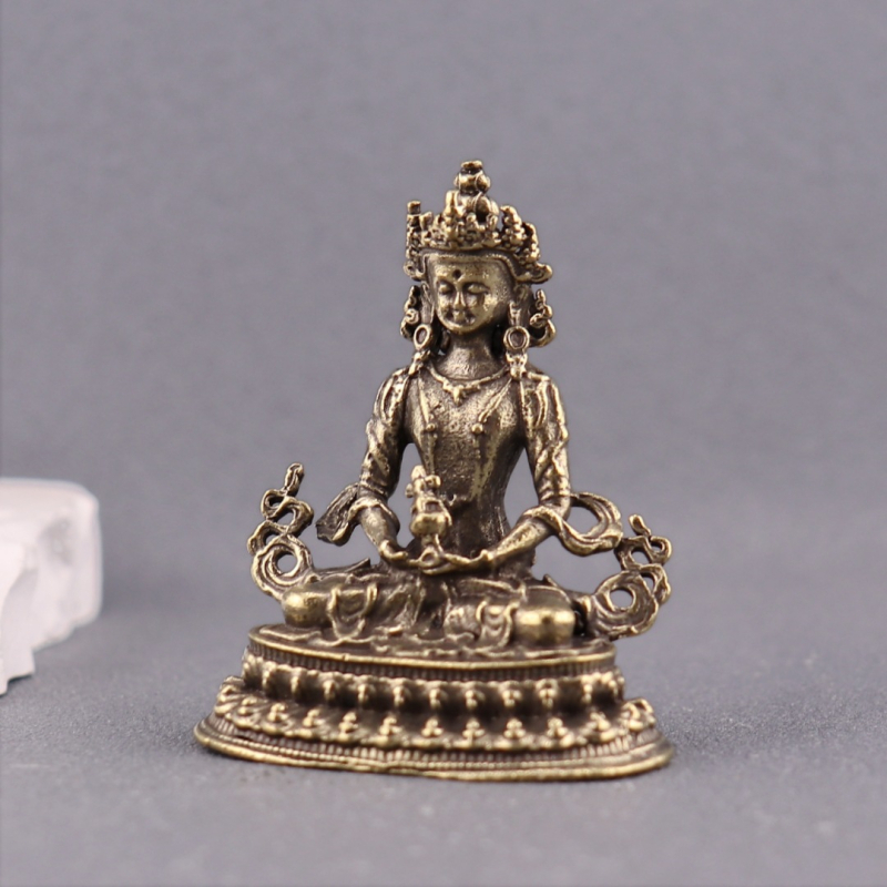 Buda al longevității din alamă, statuetă de masă tibetană Bodhisattva, ornament decorativ din metal