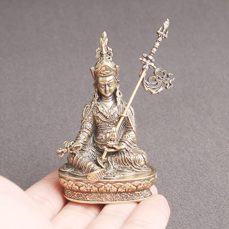 Statuie Buddha Padmasambhava din alamă cu lotus, decor de birou