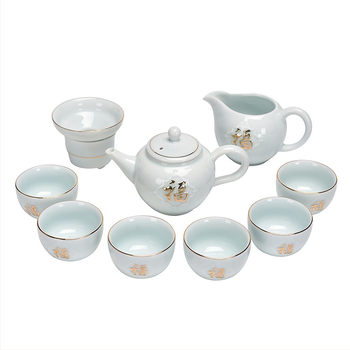 Prispôsobiteľná čajová súprava Gongfu so zlatým znakom Fu na bielom celadónovom porceláne, moderný minimalistický dizajn, pre 6 osôb, vhodná ako darček