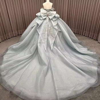 Rochie de mireasă nouă pentru femei, decolteu off-shoulder, lux ușor, croială de nișă, mare funda, tul, tren pentru ședințe foto