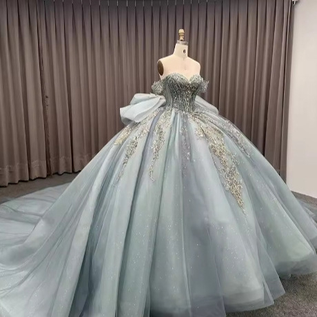 Rochie de mireasă nouă pentru femei, decolteu off-shoulder, lux ușor, croială de nișă, mare funda, tul, tren pentru ședințe foto