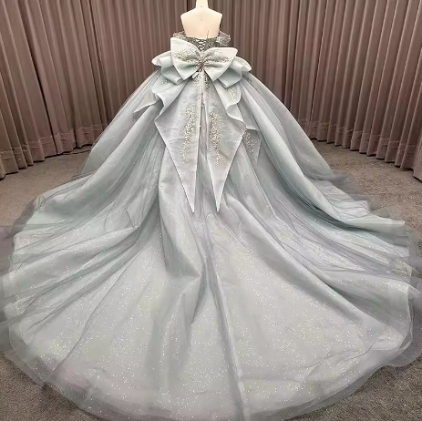 Rochie de mireasă nouă pentru femei, decolteu off-shoulder, lux ușor, croială de nișă, mare funda, tul, tren pentru ședințe foto