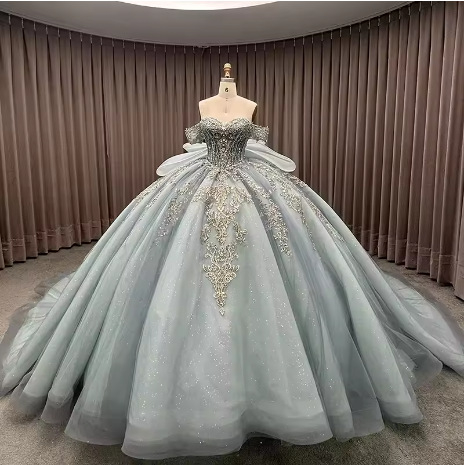 Rochie de mireasă nouă pentru femei, decolteu off-shoulder, lux ușor, croială de nișă, mare funda, tul, tren pentru ședințe foto