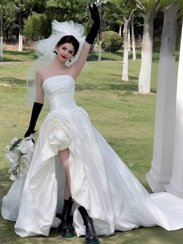 Rochie de mireasă pentru cuplu, fără bretele, linie A, talie înaltă, lungă, pentru ședințe foto în studio sau în aer liber