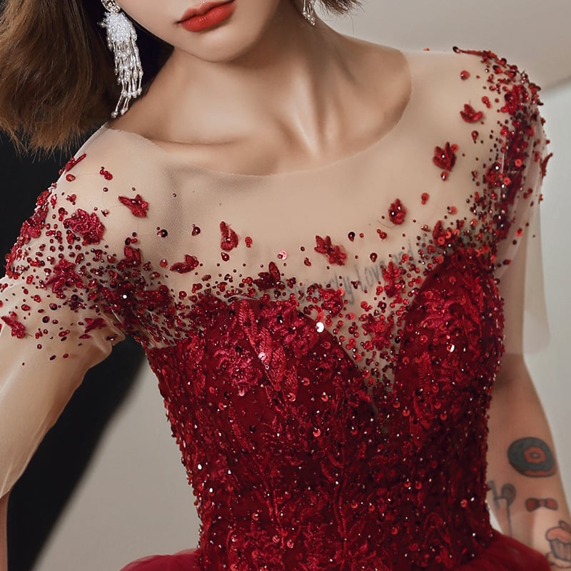 Rochie de mireasă burgundă, cu un singur umăr, croială A-line, lungă
