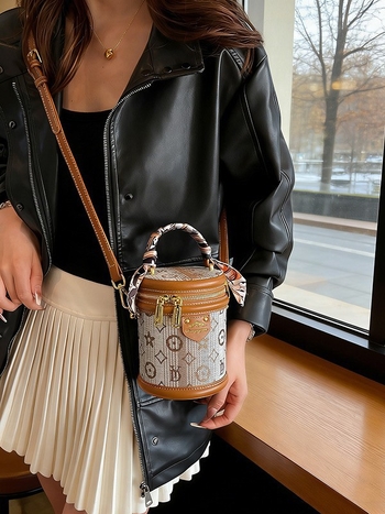 Geantă cilindrică pentru femei, broderie, bucket bag mică pentru umăr