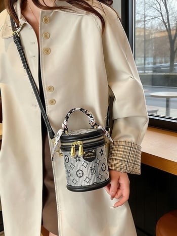 Geantă cilindrică pentru femei, broderie, bucket bag mică pentru umăr