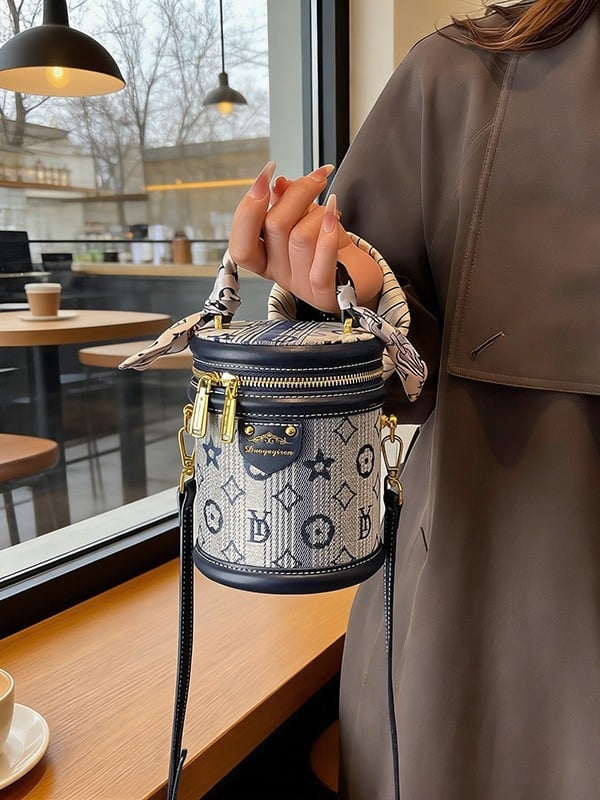 Geantă cilindrică pentru femei, broderie, bucket bag mică pentru umăr