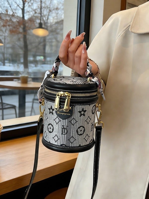 Geantă cilindrică pentru femei, broderie, bucket bag mică pentru umăr