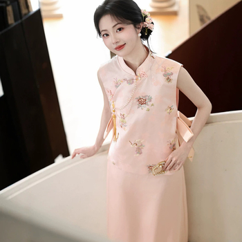 Rochie de logodnă în stil chinezesc, broderie roză, rochie pentru toast-ul miresei, robă de dimineață, set de nuntă cu vestă și fustă