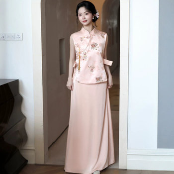 Rochie de logodnă în stil chinezesc, broderie roză, rochie pentru toast-ul miresei, robă de dimineață, set de nuntă cu vestă și fustă