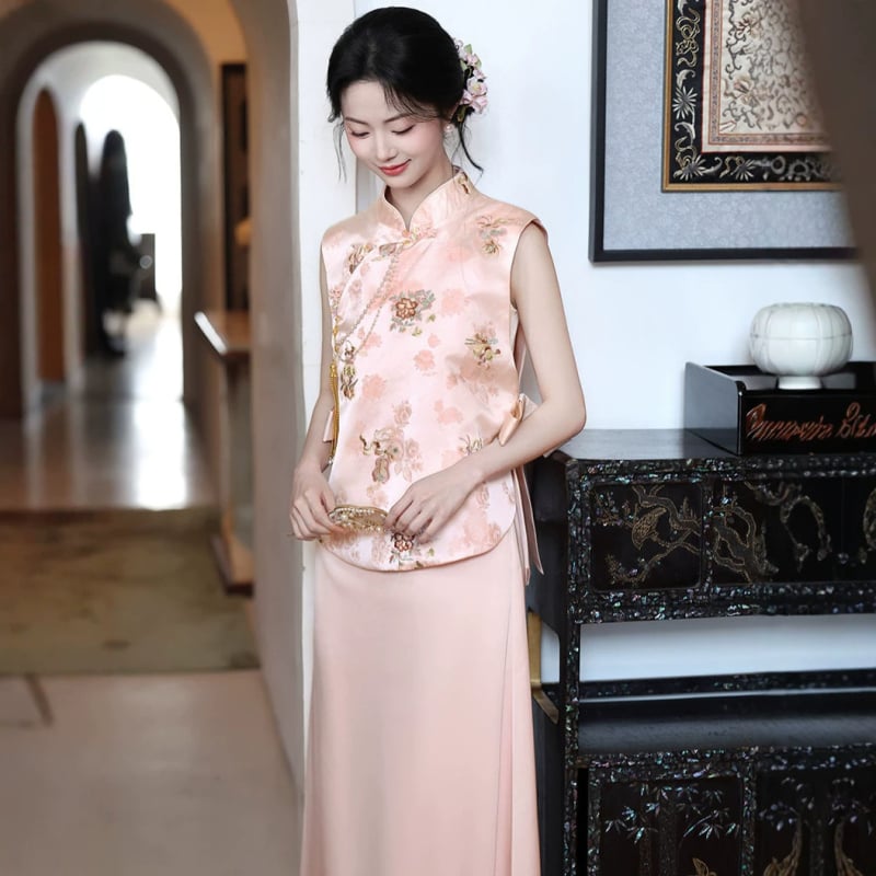 Rochie de logodnă în stil chinezesc, broderie roză, rochie pentru toast-ul miresei, robă de dimineață, set de nuntă cu vestă și fustă