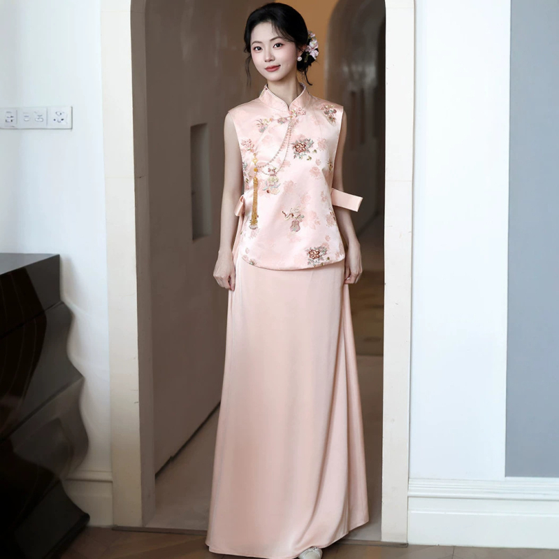 Rochie de logodnă în stil chinezesc, broderie roză, rochie pentru toast-ul miresei, robă de dimineață, set de nuntă cu vestă și fustă