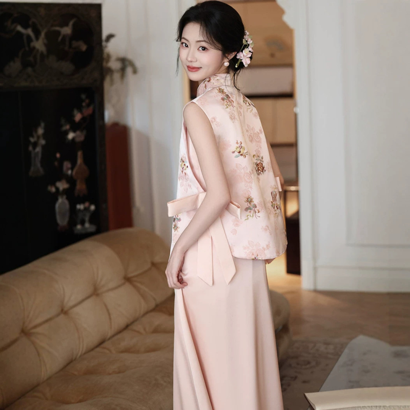 Rochie de logodnă în stil chinezesc, broderie roză, rochie pentru toast-ul miresei, robă de dimineață, set de nuntă cu vestă și fustă