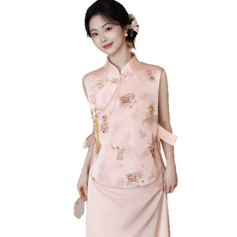 Rochie de logodnă în stil chinezesc, broderie roză, rochie pentru toast-ul miresei, robă de dimineață, set de nuntă cu vestă și fustă