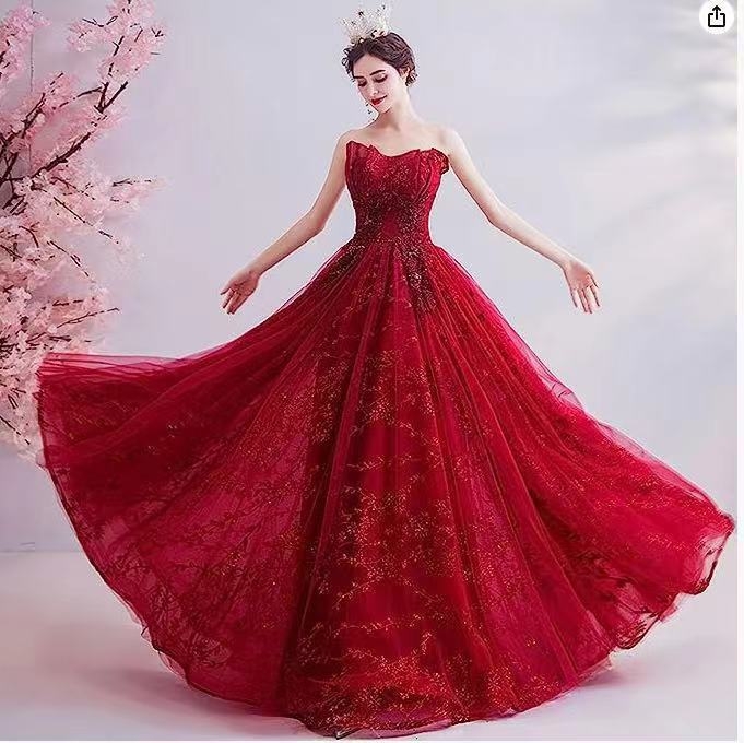 Rochie de mireasă fără bretele, roșie, cu tul și plasă, elegantă, de seară pentru toamnă