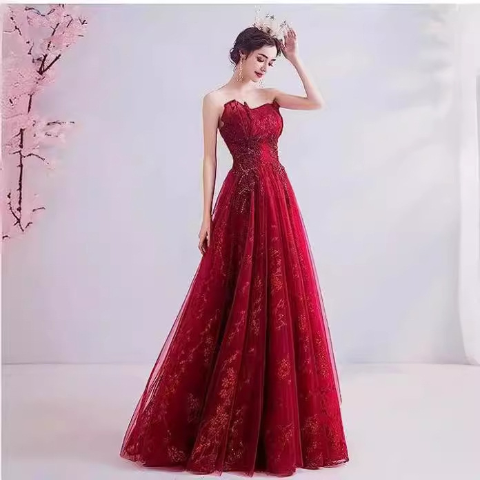 Rochie de mireasă fără bretele, roșie, cu tul și plasă, elegantă, de seară pentru toamnă