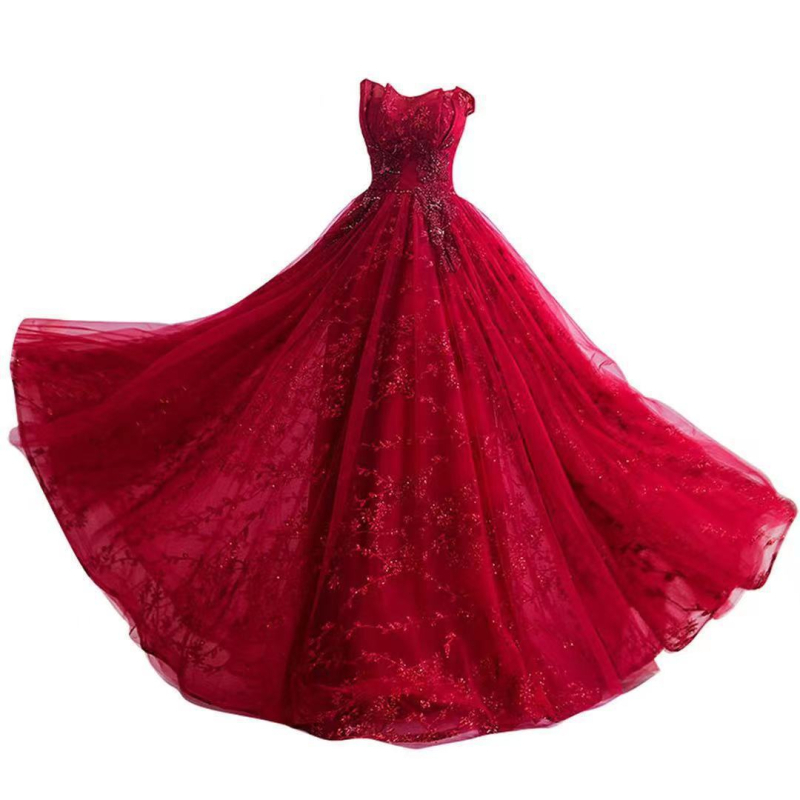 Rochie de mireasă fără bretele, roșie, cu tul și plasă, elegantă, de seară pentru toamnă