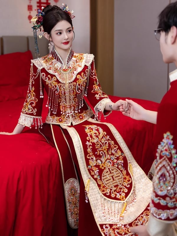 Rochie de mireasă în stil Xiuhe, cu design dragon-fenix, 2026, rochie tradițională chineză de nuntă pentru femei.