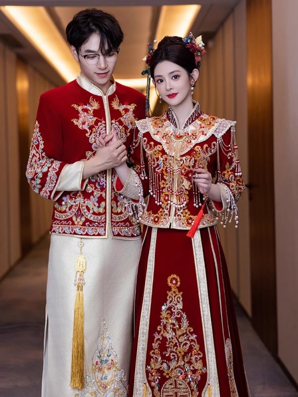 Rochie de mireasă în stil Xiuhe, cu design dragon-fenix, 2026, rochie tradițională chineză de nuntă pentru femei.