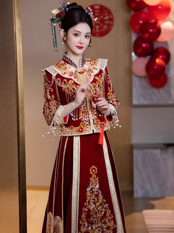 Rochie de mireasă în stil Xiuhe, cu design dragon-fenix, 2026, rochie tradițională chineză de nuntă pentru femei.