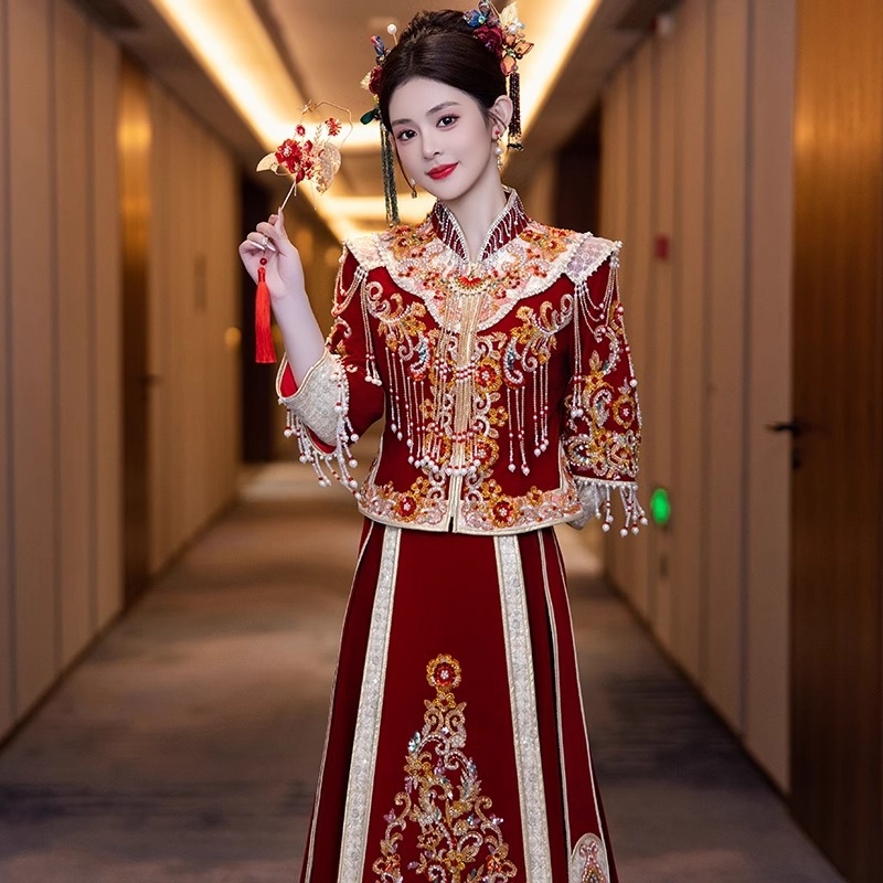 Rochie de mireasă în stil Xiuhe, cu design dragon-fenix, 2026, rochie tradițională chineză de nuntă pentru femei.