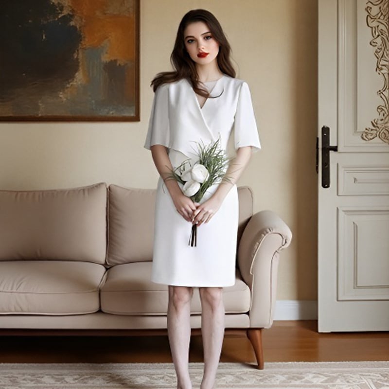 Rochie de mireasă vintage minimalistă din chiffon, decolteu în V adânc, rochie albă ușoară pentru ședințe foto în aer liber și cununie civilă