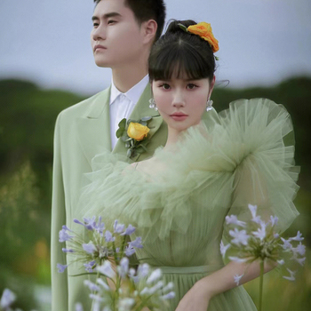 Rochie de mireasă cu temă de studio pentru ședință foto, rochie verde pastorală, elegantă pentru femei