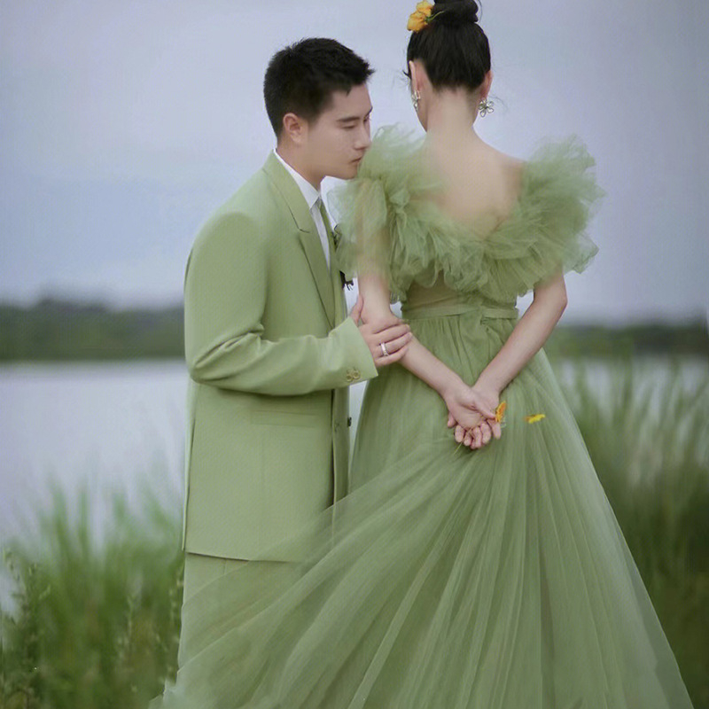 Rochie de mireasă cu temă de studio pentru ședință foto, rochie verde pastorală, elegantă pentru femei