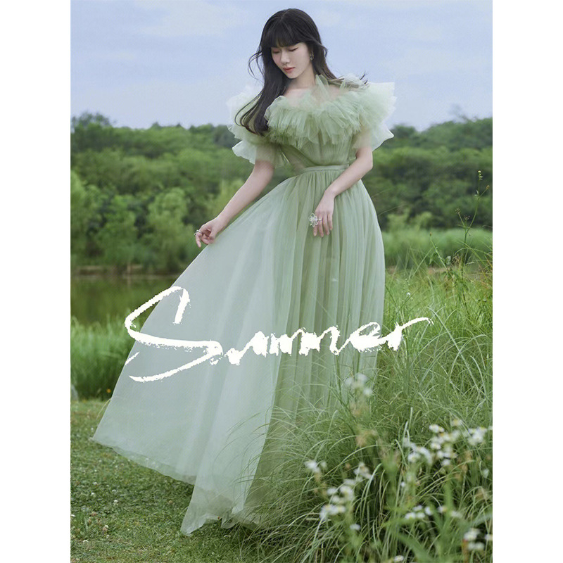 Rochie de mireasă cu temă de studio pentru ședință foto, rochie verde pastorală, elegantă pentru femei