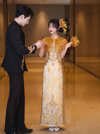 Rochie de tip qipao premium pentru toasturi, model nou 2026, ciucuri aurii, rochie de mireasă pentru nuntă, ținută de logodnă în stil chinezesc