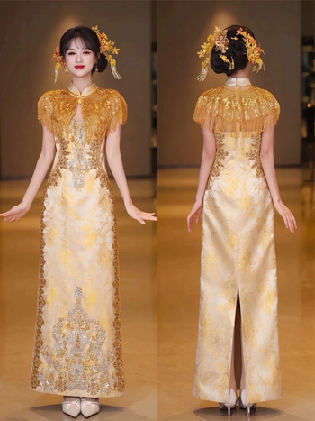 Rochie de tip qipao premium pentru toasturi, model nou 2026, ciucuri aurii, rochie de mireasă pentru nuntă, ținută de logodnă în stil chinezesc