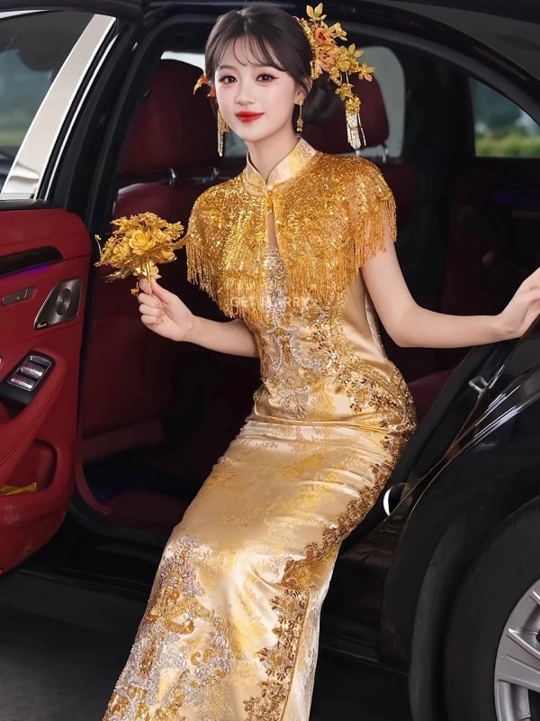 Rochie de tip qipao premium pentru toasturi, model nou 2026, ciucuri aurii, rochie de mireasă pentru nuntă, ținută de logodnă în stil chinezesc