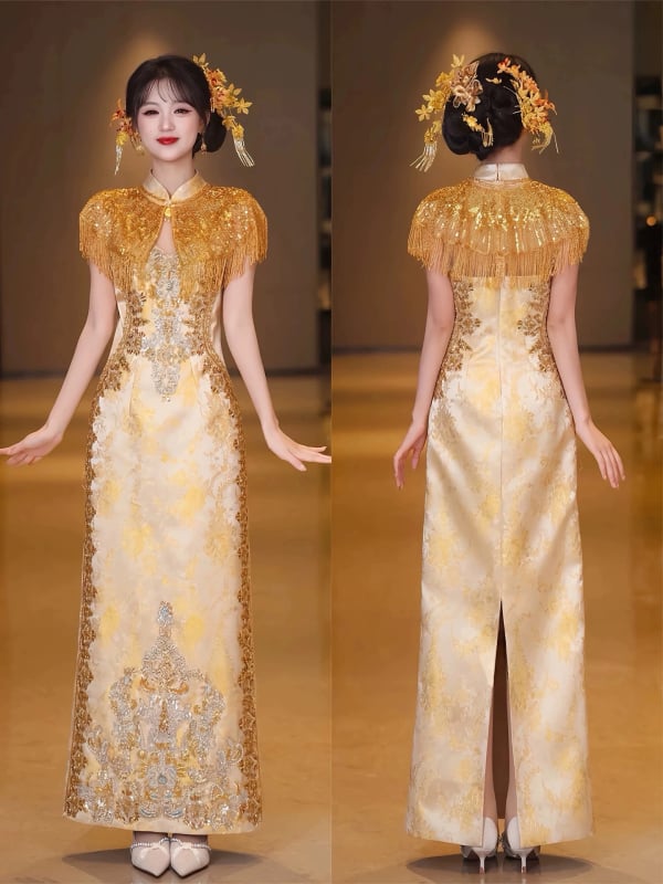 Rochie de tip qipao premium pentru toasturi, model nou 2026, ciucuri aurii, rochie de mireasă pentru nuntă, ținută de logodnă în stil chinezesc