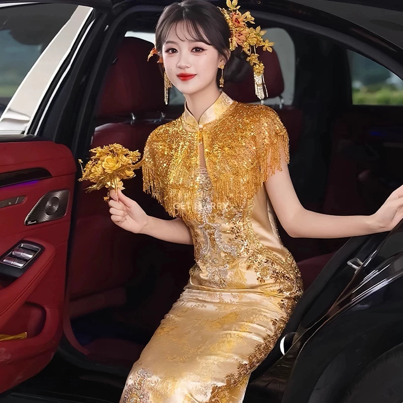 Rochie de tip qipao premium pentru toasturi, model nou 2026, ciucuri aurii, rochie de mireasă pentru nuntă, ținută de logodnă în stil chinezesc