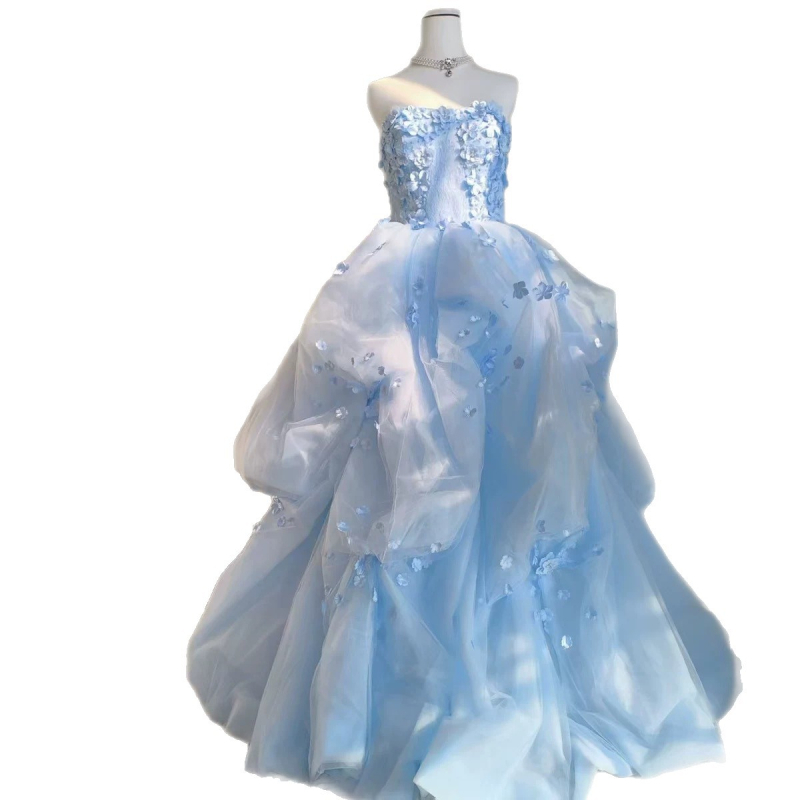 Rochie de mireasă albastră, fără bretele, lux de înaltă clasă, stil prințesă, fustă lungă plisată