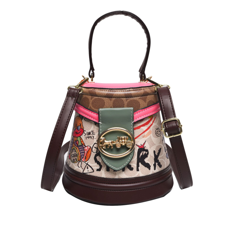 Geantă bucket 2024 nouă, design cu urs de desene animate, model graffiti, formă cilindrică, geantă de umăr premium