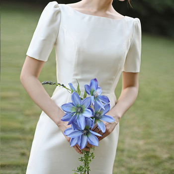 Rochie de mireasă ușoară, în stil coreean, nou design 2026, decolteu pătrat, simplă, retro pentru ședință foto de călătorie, satin lucios, inspirată de pădure, lungă până la podea, tull ușor