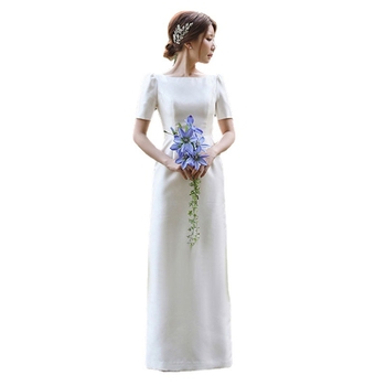 Rochie de mireasă ușoară, în stil coreean, nou design 2026, decolteu pătrat, simplă, retro pentru ședință foto de călătorie, satin lucios, inspirată de pădure, lungă până la podea, tull ușor