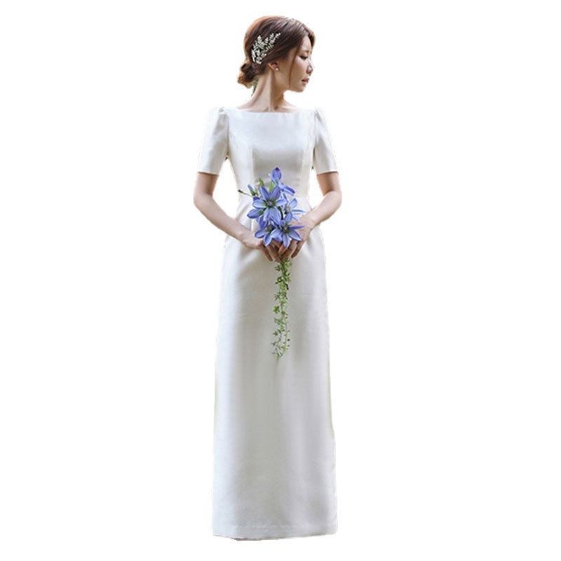 Rochie de mireasă ușoară, în stil coreean, nou design 2026, decolteu pătrat, simplă, retro pentru ședință foto de călătorie, satin lucios, inspirată de pădure, lungă până la podea, tull ușor