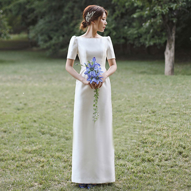 Rochie de mireasă ușoară, în stil coreean, nou design 2026, decolteu pătrat, simplă, retro pentru ședință foto de călătorie, satin lucios, inspirată de pădure, lungă până la podea, tull ușor