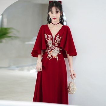 Rochie de mireasă roșie, stil chinezesc, lux, pentru mărimi mari, croială A-line, decolteu adânc în V, mâneci scurte, rochie lungă, pentru logodnă sau nunți, toamnă-iarnă.