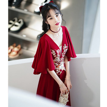 Rochie de mireasă roșie, stil chinezesc, lux, pentru mărimi mari, croială A-line, decolteu adânc în V, mâneci scurte, rochie lungă, pentru logodnă sau nunți, toamnă-iarnă.