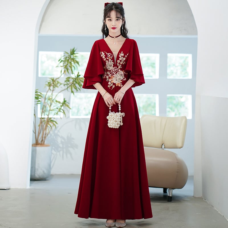 Rochie de mireasă roșie, stil chinezesc, lux, pentru mărimi mari, croială A-line, decolteu adânc în V, mâneci scurte, rochie lungă, pentru logodnă sau nunți, toamnă-iarnă.