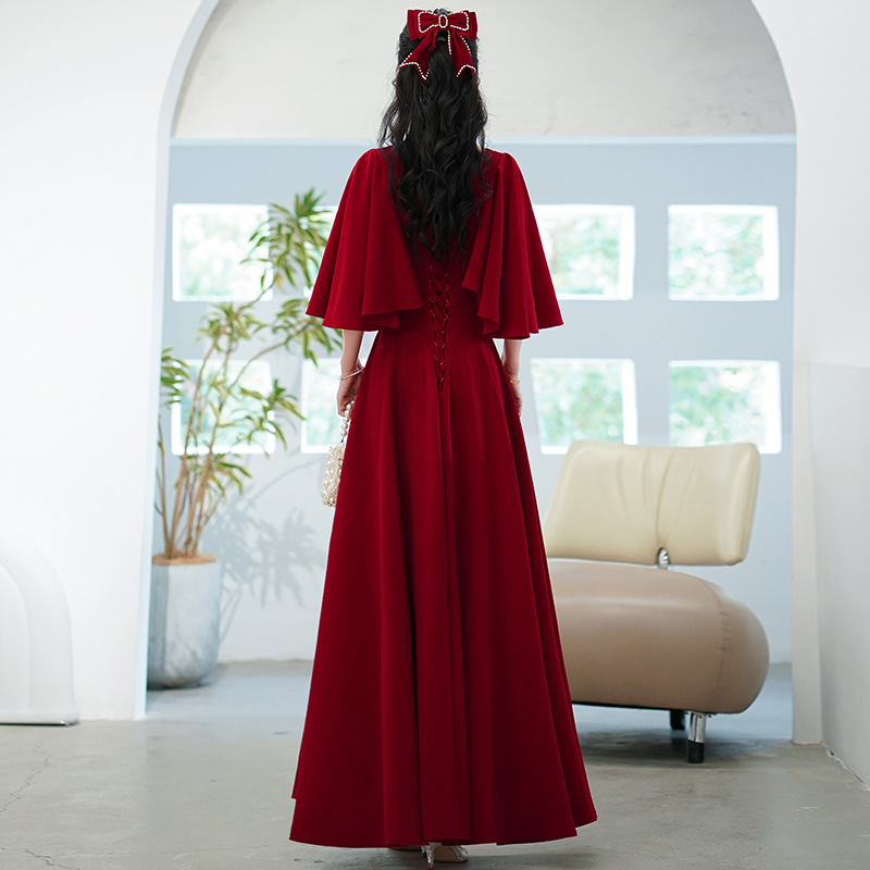 Rochie de mireasă roșie, stil chinezesc, lux, pentru mărimi mari, croială A-line, decolteu adânc în V, mâneci scurte, rochie lungă, pentru logodnă sau nunți, toamnă-iarnă.